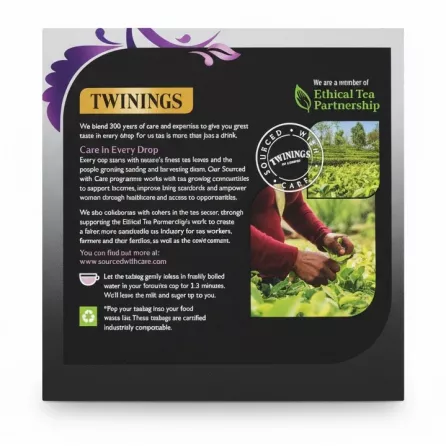 Back of Twinings Earl Grey tea box detailing sourcing and brewing instructions