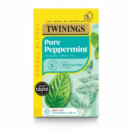Box of Twinings Pure Peppermint Herbal Tea with yellow and turquoise design featuring peppermint leaves