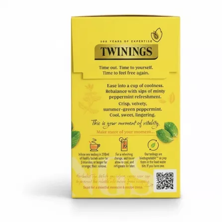 Back of Twinings Pure Peppermint Herbal Tea box with brewing instructions and product description