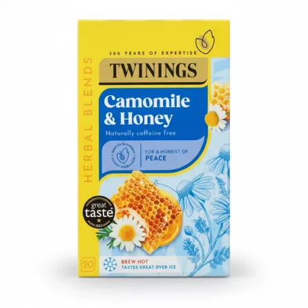 Twinings Camomile and Honey Tea cardboard box with floral and honeycomb design