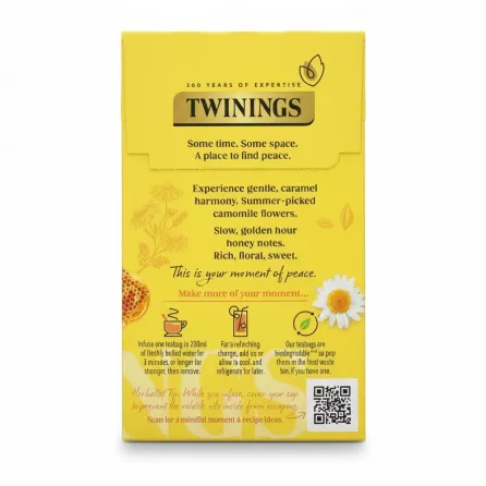 Back of Twinings Camomile and Honey Tea box showing brewing instructions and product info