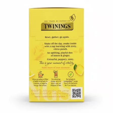 Twinings Lemon & Ginger tea box back showing product description and brewing instructions