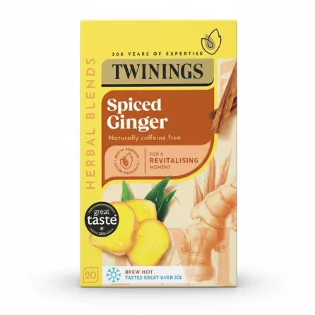 Twinings Spiced Ginger tea yellow box with ginger and cinnamon illustration