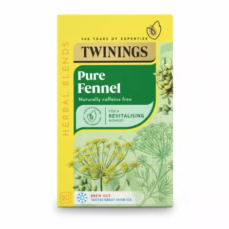 Twinings Pure Fennel Herbal Tea box front with yellow and green design