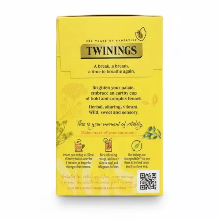 Back of Twinings Pure Fennel Herbal Tea box with brewing instructions