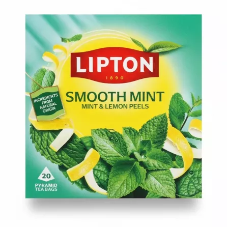 Lipton Smooth Mint tea bags box front showing mint leaves and lemon peels