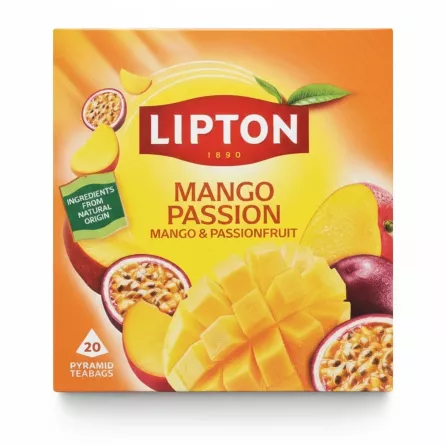 Lipton Mango Passion tea box front with mango and passionfruit images