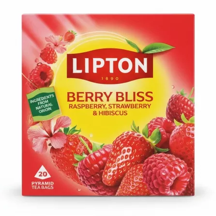 Lipton Berry Bliss Herbal Tea box front with strawberries and raspberries