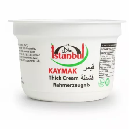 Side view of Istanbul Kaymak thick cream tub with product branding and halal certification