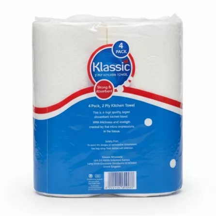 Back of Klassic 2 ply kitchen towel pack with product details visible