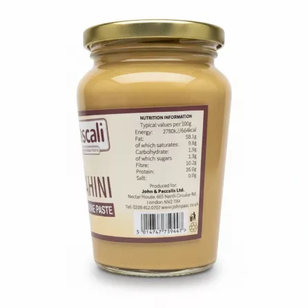 Jar of Pascali Tahini Sesame Paste showing nutrition information and barcode