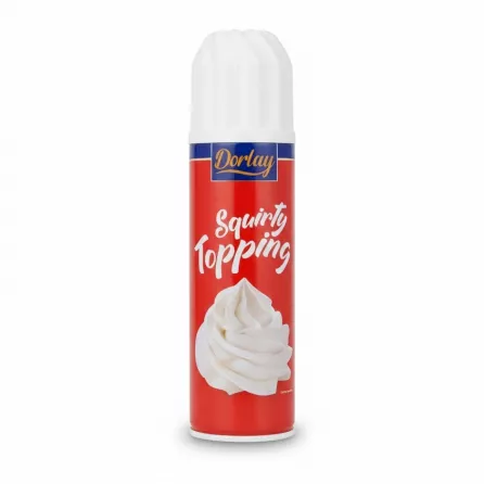 Dorlay Squirty Topping aerosol can front view with red label and white cream swirl