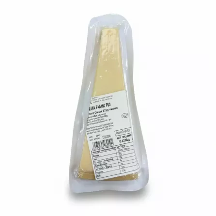 Vacuum packed wedge of Grana Padano cheese showing nutritional facts