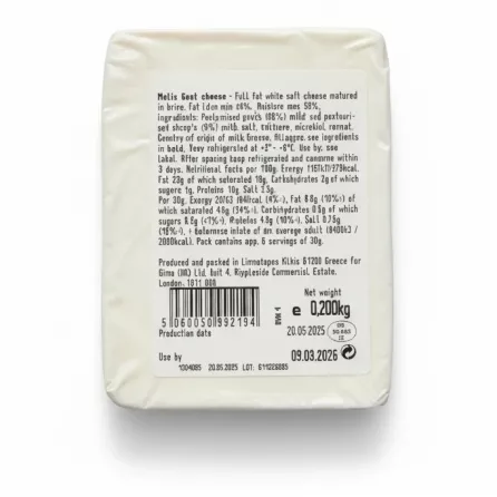 Back packaging of Melis goats milk cheese showing ingredients and nutritional facts