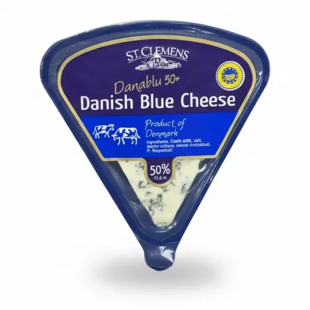 Front packaging of St. Clemens Danish Blue Cheese Danablu 50+ in a triangular blue pack