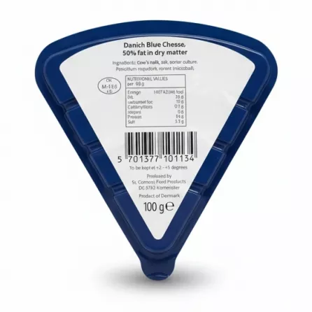 Back of the Danish Blue Cheese pack showing ingredients, nutrition values and barcode