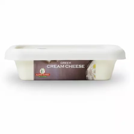 Side view of Alpha Gefsi Greek Cream Cheese tub showing label