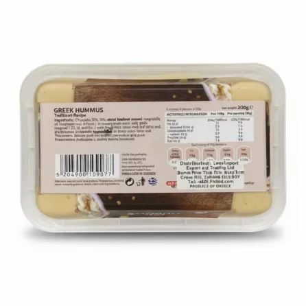 Back view of Alpha Gefsi Greek Hummus packaging with nutrition facts and ingredients