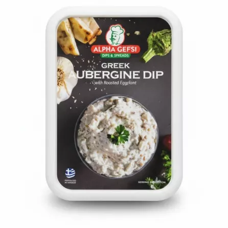 Alpha Gefsi Greek Aubergine Dip container showing dip with roasted eggplant on a white background