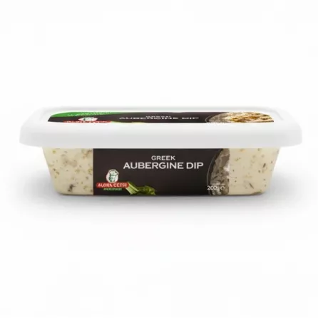 Side view of Alpha Gefsi Greek Aubergine Dip container with label and net weight 200g