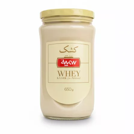 Jar of Somayeh whey kashk with beige label and yellow lid