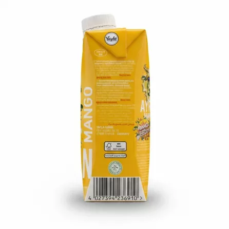 Back of Yayla mango ayran drink showing ingredients and halal certification