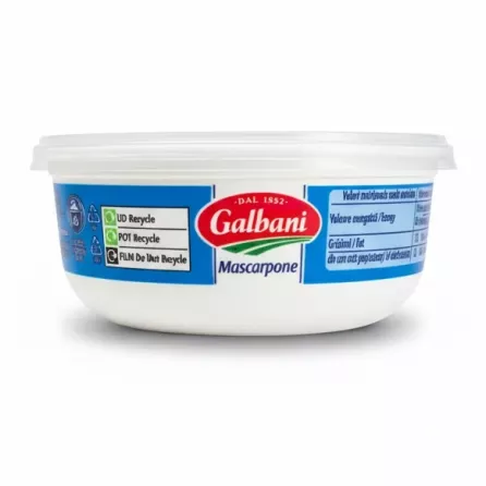 Side view of Galbani Mascarpone Cheese plastic container