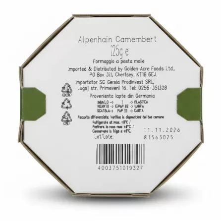Back of Alpenhain Camembert Cheese box with storage information