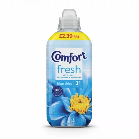 bottle of Comfort Fresh Blue Skies fabric conditioner front label