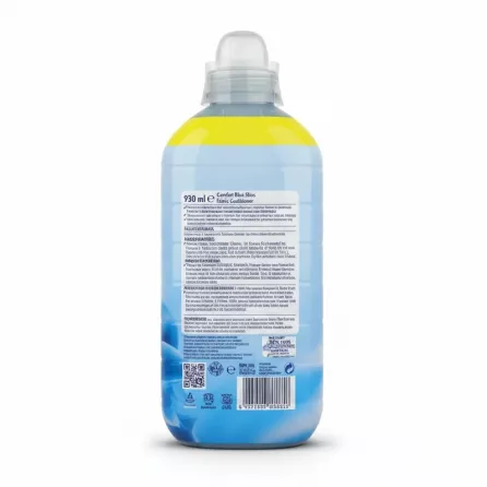 back label of Comfort Fresh Blue Skies fabric conditioner with ingredients and usage information