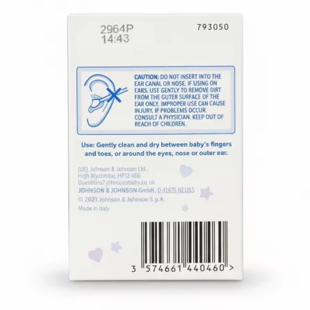 Back of Johnson's Baby Cotton Buds box with usage instructions and barcode