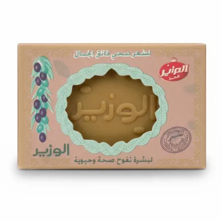 Al Wazeer soap in cardboard packaging with olive branch illustration