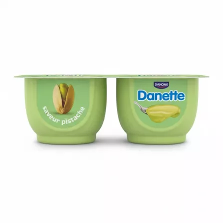 Side view of two Danette pistachio dessert cups showing labels