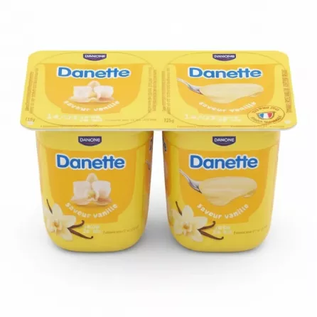 Four pack of Danette vanilla cream dessert pots in yellow packaging