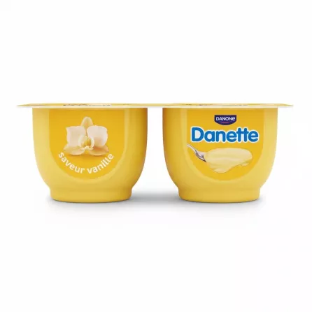 Side view of Danette vanilla cream dessert pots showing smooth texture