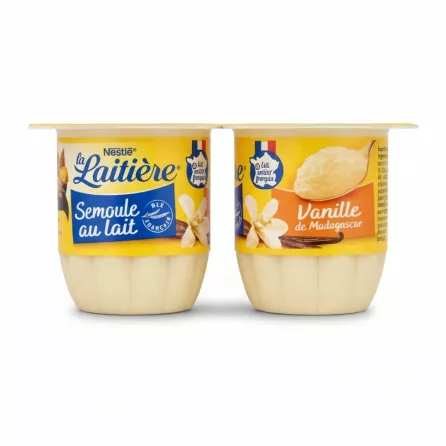 Side view of two individual pudding pots showing branding and flavour details