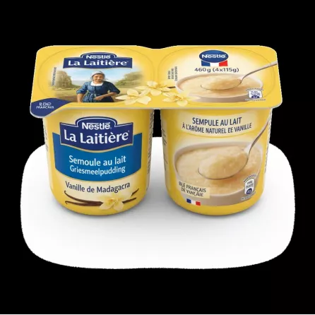 Nestlé La Laitière vanilla semolina pudding four-pack with yellow packaging