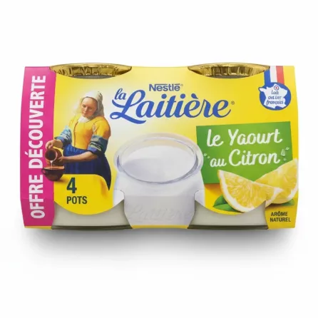 Top view of La Laitière lemon yogurt pack showing four glass pots