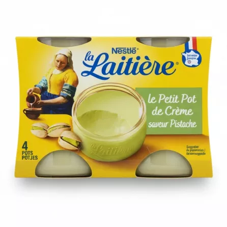 Pack of four Nestlé la Laitière pistachio cream pots in yellow packaging