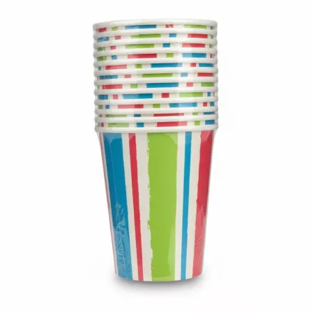 Close view of colourful striped disposable paper tumblers stacked