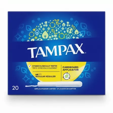 Box of Tampax Regular Tampons with cardboard applicator on front