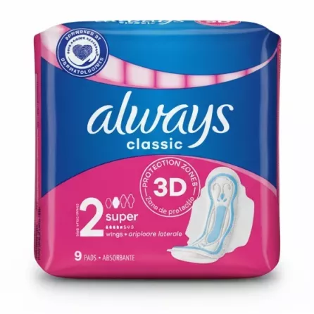 Close-up of Always Classic Super 3D sanitary pads package showing size and wings