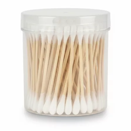 Clear container with cotton buds and wooden sticks inside