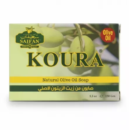 Saifan Koura natural olive oil soap packaging front with green olives image