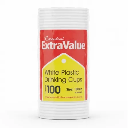 Pack of Extra Value white plastic drinking cups in clear plastic wrap