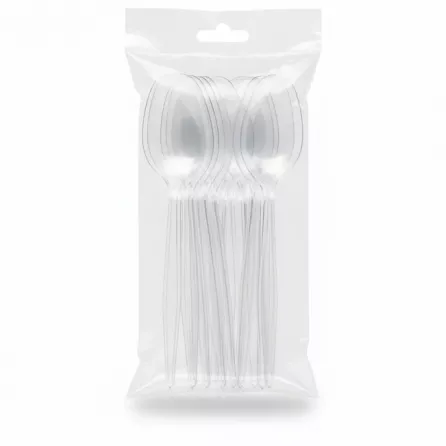 Pack of clear Euro Classic reusable plastic spoons in sealed packaging