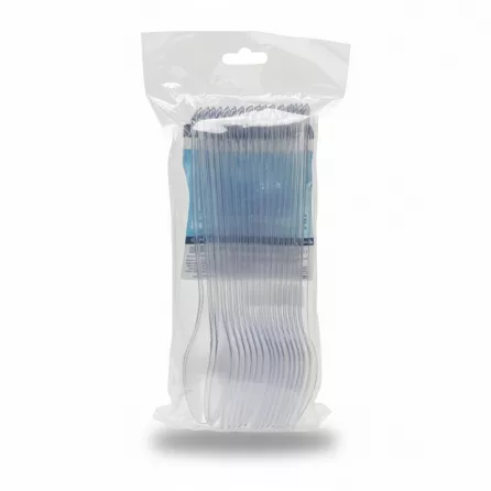 Hand holding pack of clear reusable plastic spoons