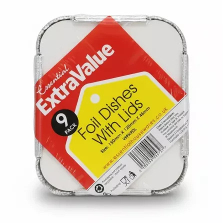 Pack of 9 aluminium foil dishes sealed in plastic wrap