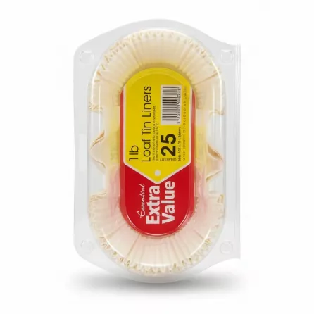 Pack of 25 cream-coloured loaf tin liners in clear plastic packaging