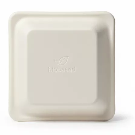 Back side of BagasBox cake plate showing biobased logo